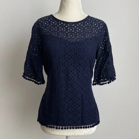 Banana Republic Lace Top with Pom Pom Trim - Picture 1 of 9